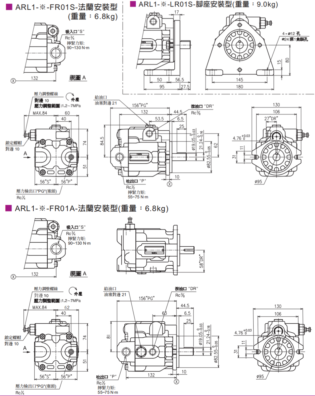 臺(tái)灣油研ARL1系列柱塞泵安裝尺寸